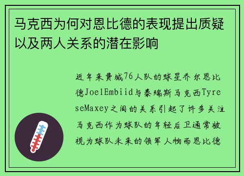 马克西为何对恩比德的表现提出质疑以及两人关系的潜在影响